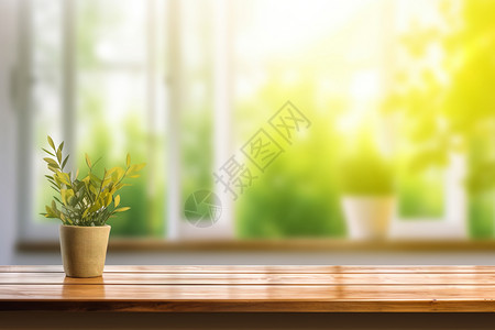 窗边的原木色木桌背景图片