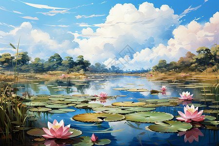绘画的湖泊上的睡莲图片