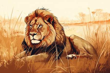 丛林中的狮子油画插图图片