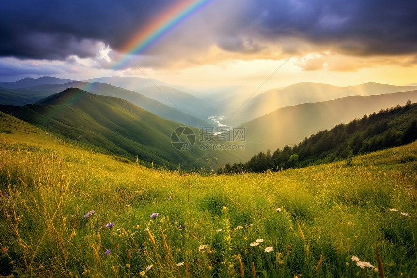 山丘上美丽的风景和彩虹图片