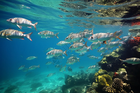海底野生鱼类海底的珊瑚礁和鱼类背景