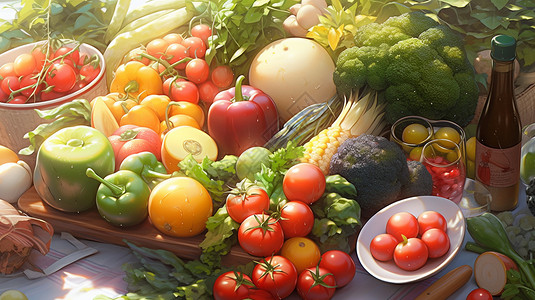 桌面上的水果和蔬菜图片