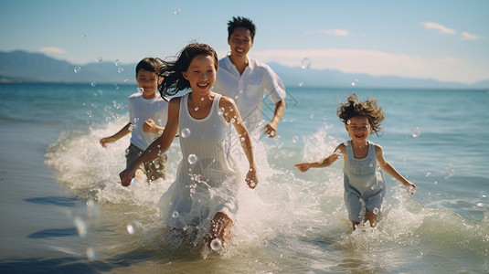 海边幸福玩耍的家庭图片