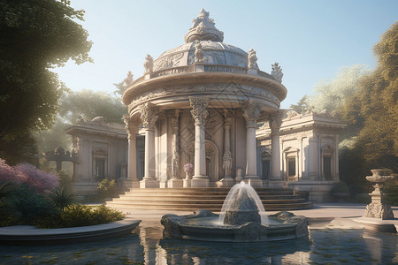 欧式水景优雅的喷泉建筑插图插画