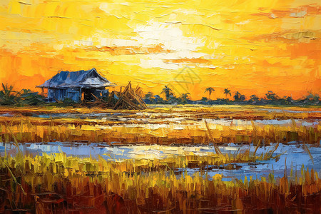 油画稻米农场金色夕阳图片