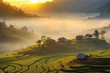 风景描绘素材日出风景和稻田风光背景