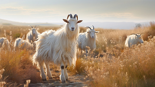 放牧的白绒山羊高清图片