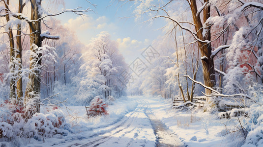 场景油画素材冰雪覆盖的道路背景