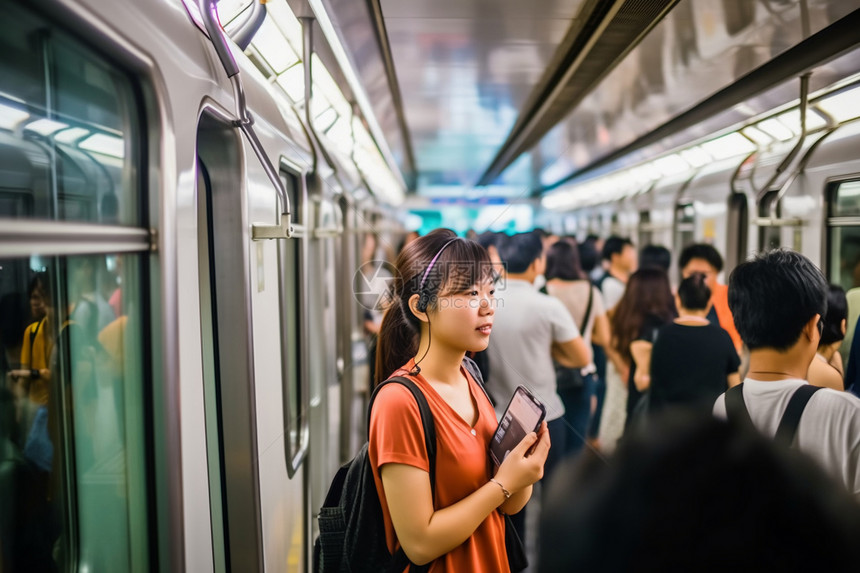 地铁中听歌的女士图片