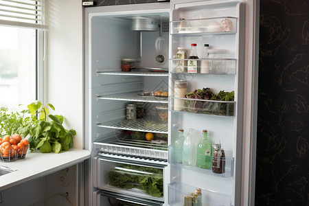家用冰柜装满食材的冰箱背景