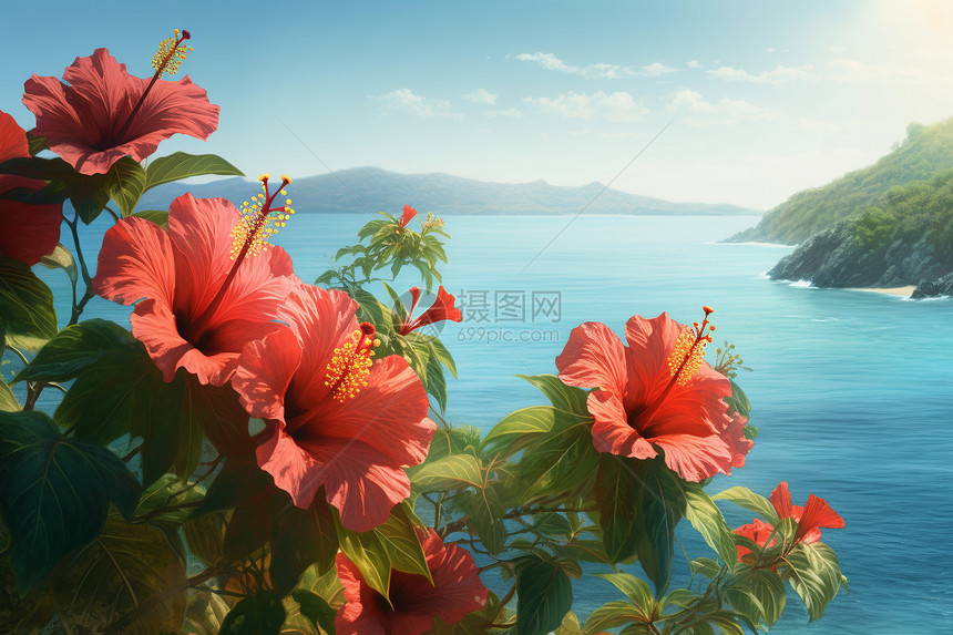 海边盛开的芙蓉花艺术插图图片