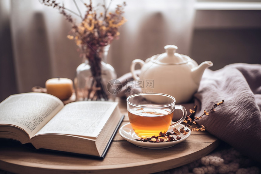 书籍旁边的热茶图片