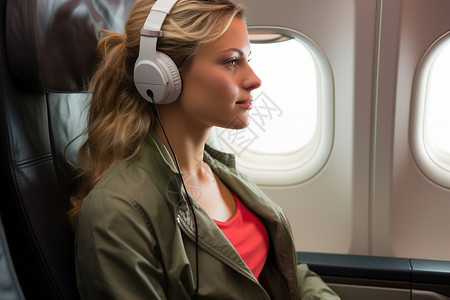 飞机音乐航行中悠闲听音乐的女人背景
