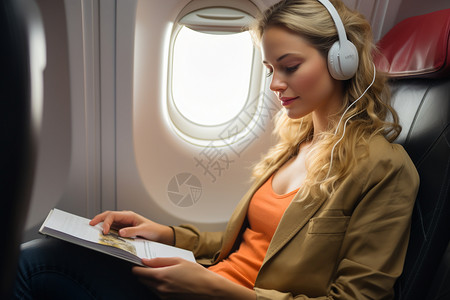 飞机上看书飞机上悠闲的女人背景