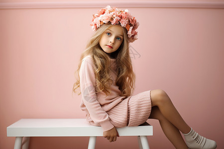 粉色背景前带花环的小女孩图片