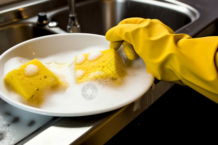 海绵泡沫戴着手套洗碗背景