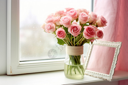 窗边的新鲜玫瑰花束背景图片