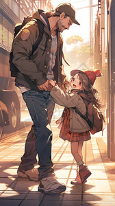 父亲女儿背影街上开心的父女两插画