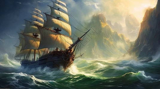 扬帆背景山海中扬帆的船只插画