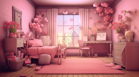 粉红色地毯粉色调的房间插画
