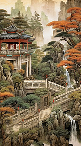 古代庭院中的石桥背景图片