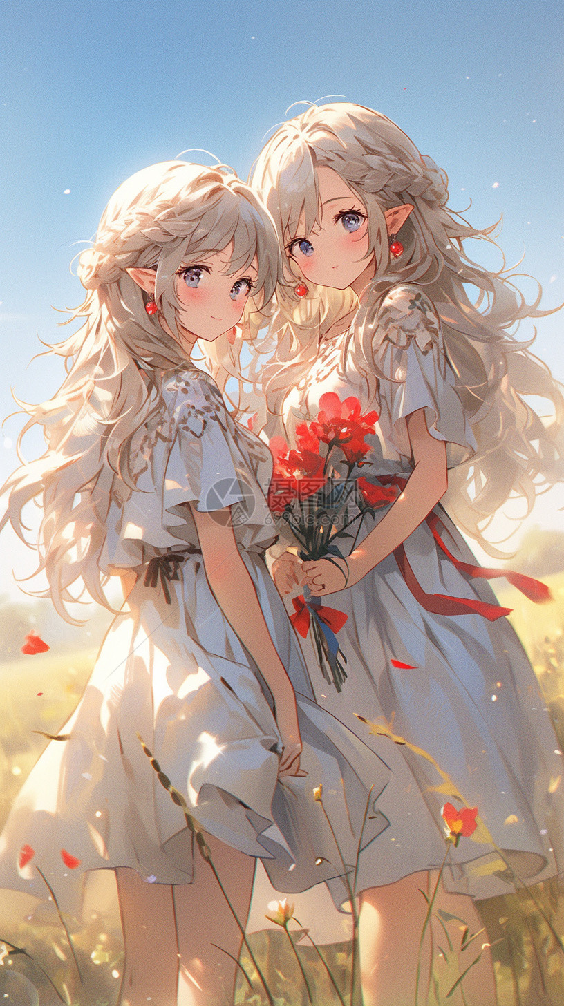 手捧鲜花的两个女孩图片