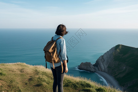 海边悬崖上的登山爱好者图片