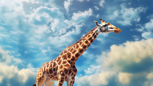 蓝天白云下的长颈鹿背景图片