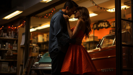 汽车前拥吻的情侣图片