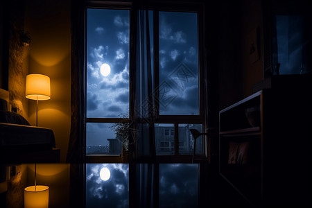 夜晚窗外的圆月背景图片