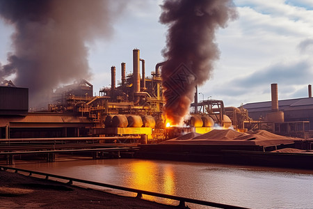 炼钢厂的黑烟背景图片