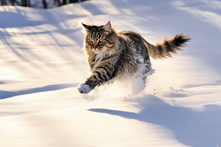 森林雪地上奔跑的挪威猫高清图片