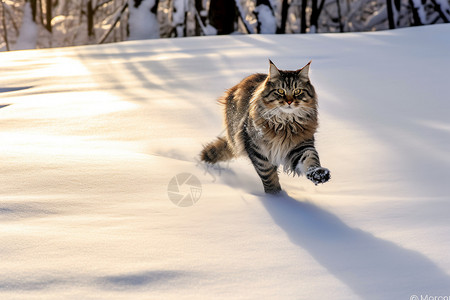雪地上奔跑的挪威猫高清图片