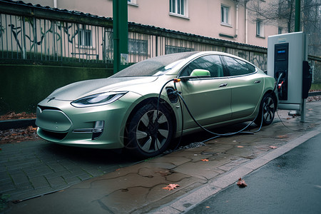 城市街道上充电的电动汽车图片