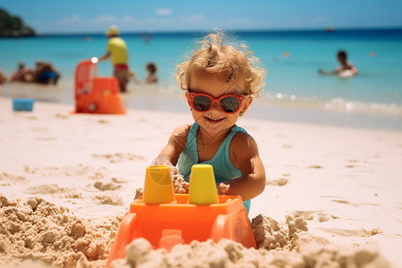 海边墨镜在沙滩玩耍的孩子背景