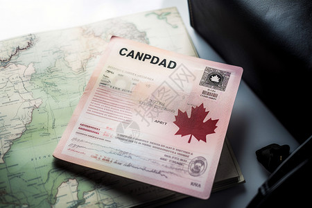 签证地图加盖护照的加拿大工作签证背景
