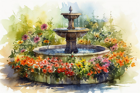 喷泉池创意绘画的花园喷泉插图插画