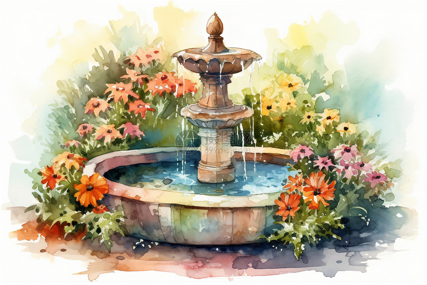 花园喷泉的水彩画图片