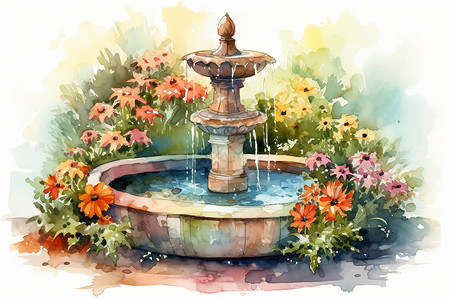 花园喷泉的水彩画图片