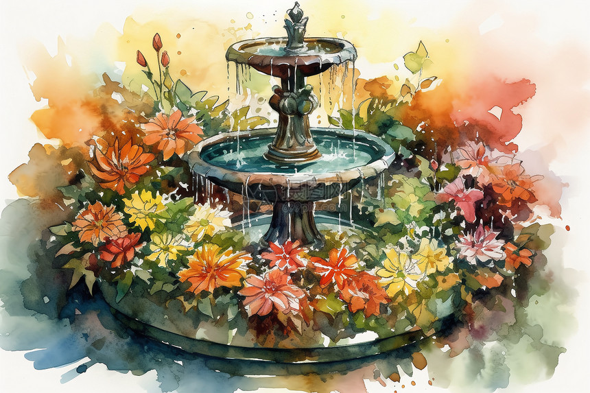 喷泉的艺术水彩画图片
