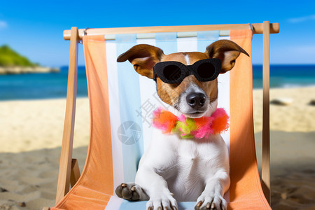 夏天沙滩躺椅上的狗狗图片