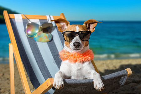沙滩躺椅上的狗狗图片