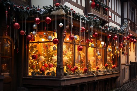 平安夜街景欧洲街道上的圣诞装饰背景