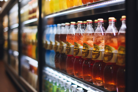 超市冰箱货架上的饮品背景
