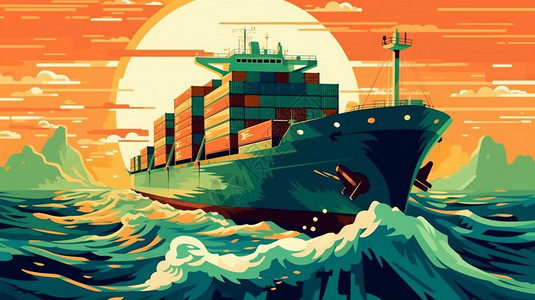 卡通货船海洋中的货船插画