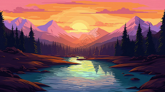 日落时的河流和山脉图片
