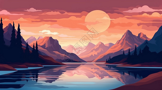 日落时的山脉和河流图片