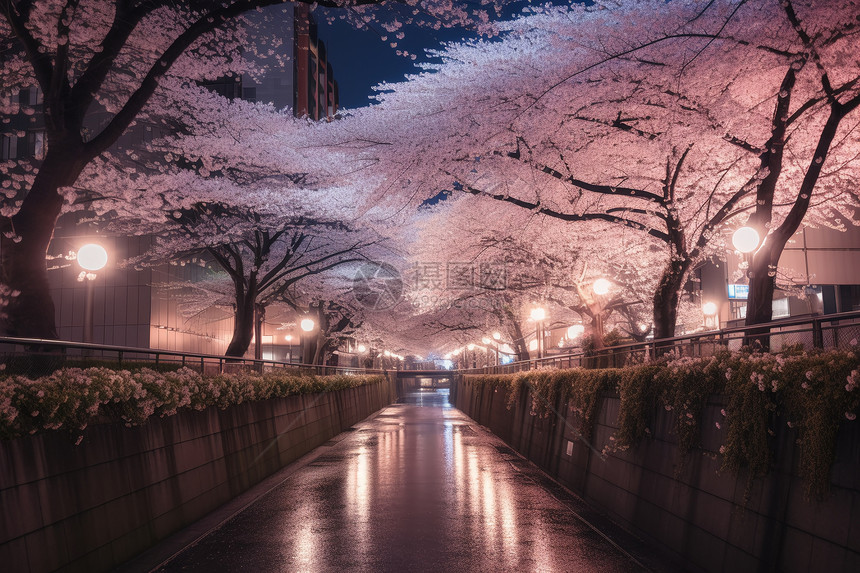 河流两岸的樱花树图片