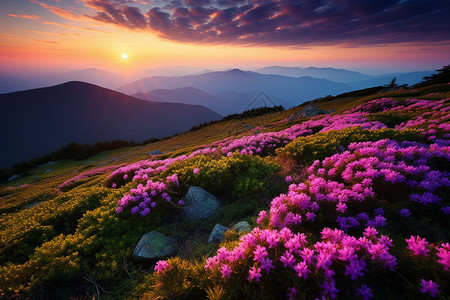 粉红色的日出山峰的花朵背景