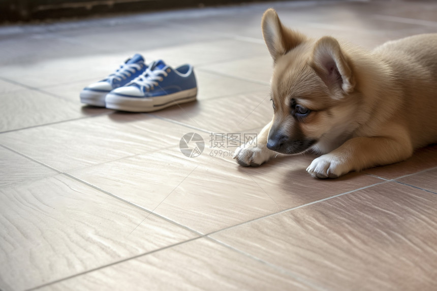 小狗低头看着地板图片